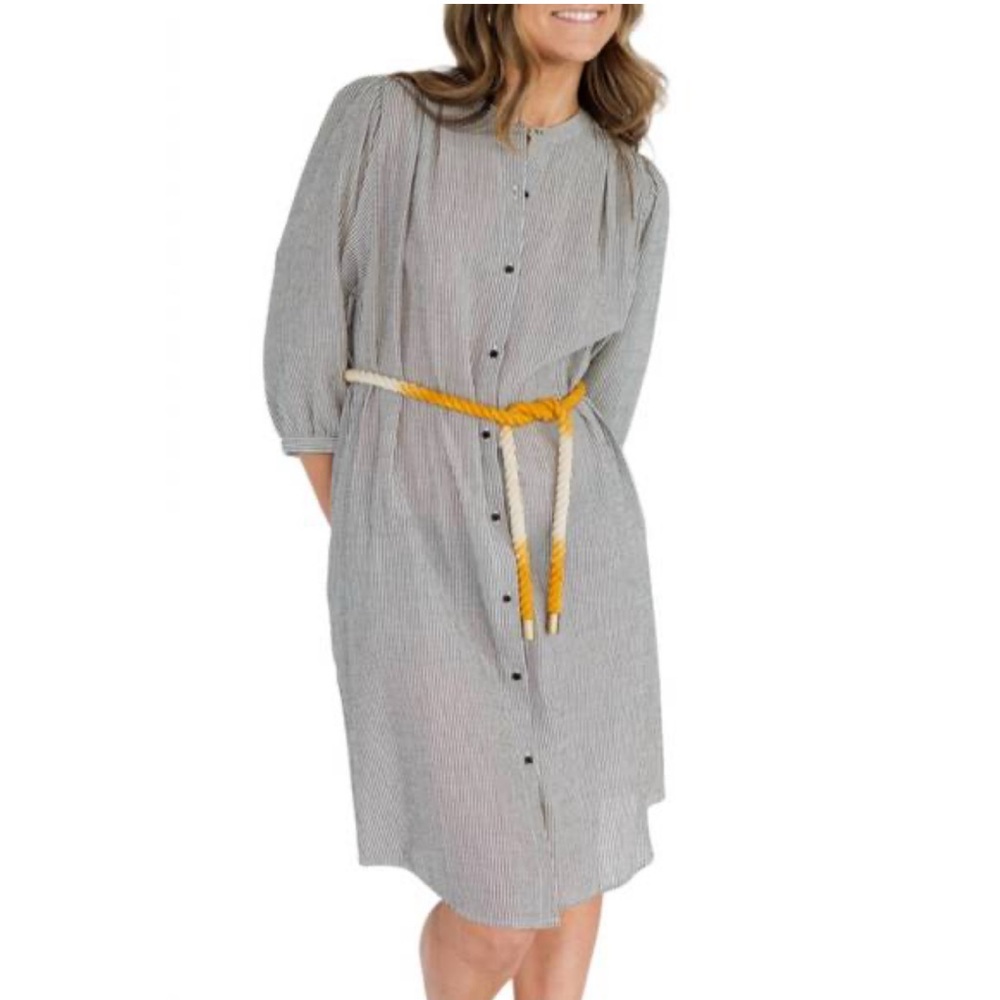 Chic Gray Midi Dress with Yellow Belt